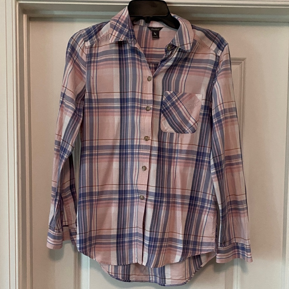 Eddie Bauer Women’s Pastel Plaid Button-Down Shirt in purple and Pink